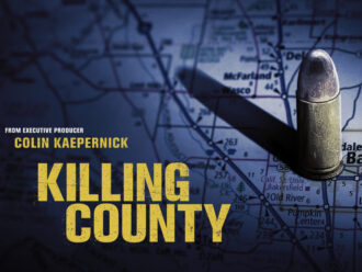 A bullet standing up right on a roadmap. The words "Killing County" are displayed to the left of it.